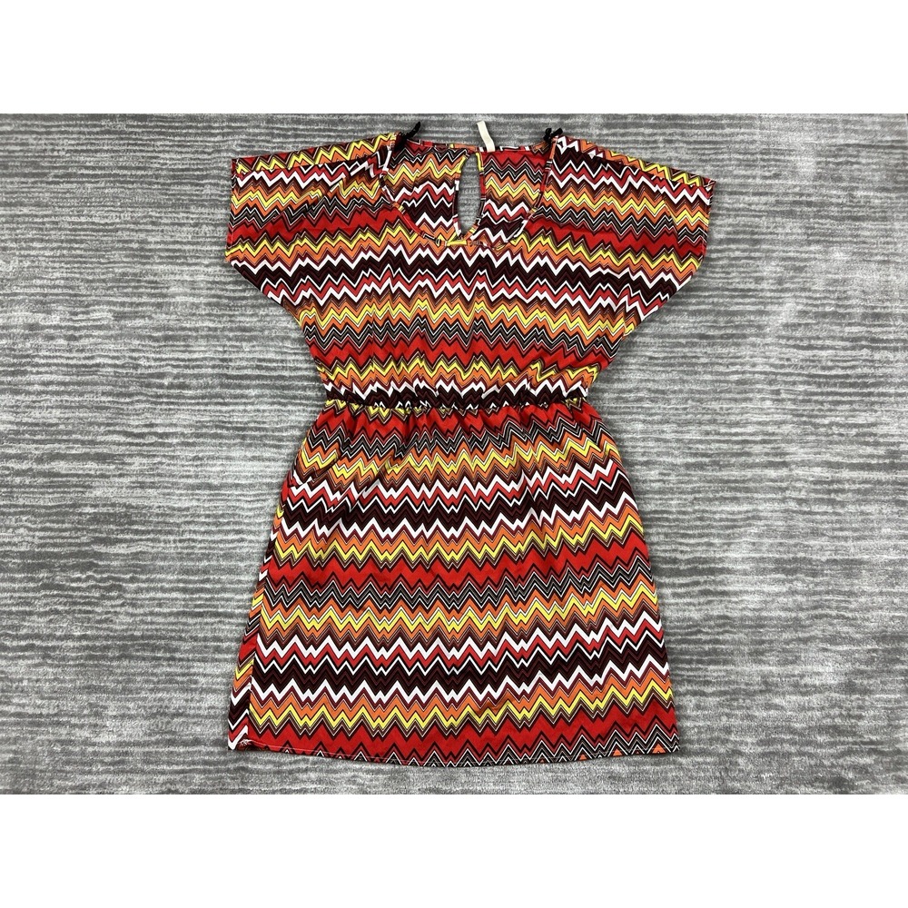 Espresso Mini Dress Womens L Red Multi Chevron Zigzag Elastic Waist Keyhole Back